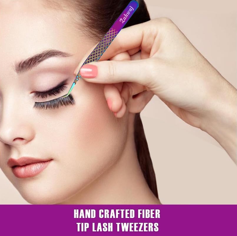 Lash Tweezers - Set of 5 Diamond Grip Eyelash Tweezers - Stainless Steel Professional Fiber Tip Lash Tweezer for Eyelash Extensions (Rainbow)