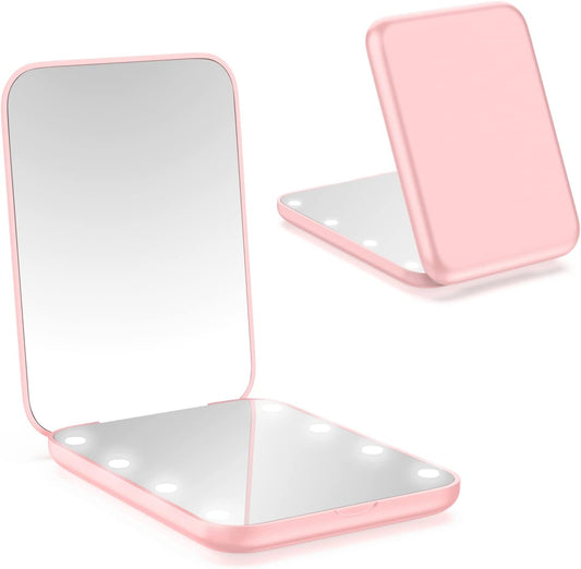 WOBSION Small Mirror with Lights,LED Compact Makeup Mirror,1x/3x Mini Travel Mirror with Magnification,Portable for Purse,Pocket,Gifts for Girls,Pink