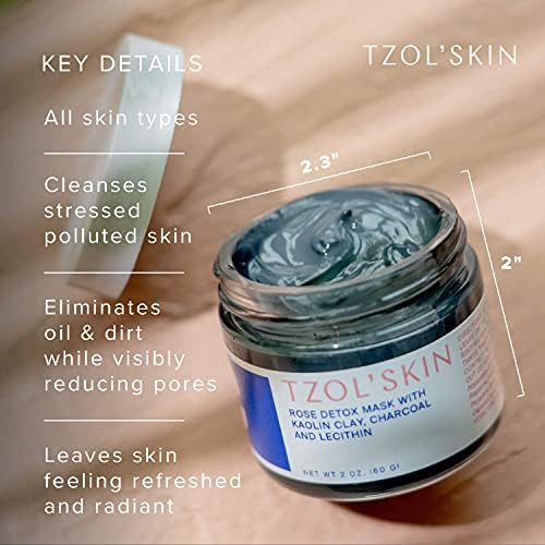TZOL'Skin Rose Detox Mask - Clarifying Clay Mask - Reduces Pores and Targets Blackheads - Charcoal & Triple-Action Clays - Natural Exfoliant - No Paraben, Silicones & Sulfates - Vegan - Cruelty Free
