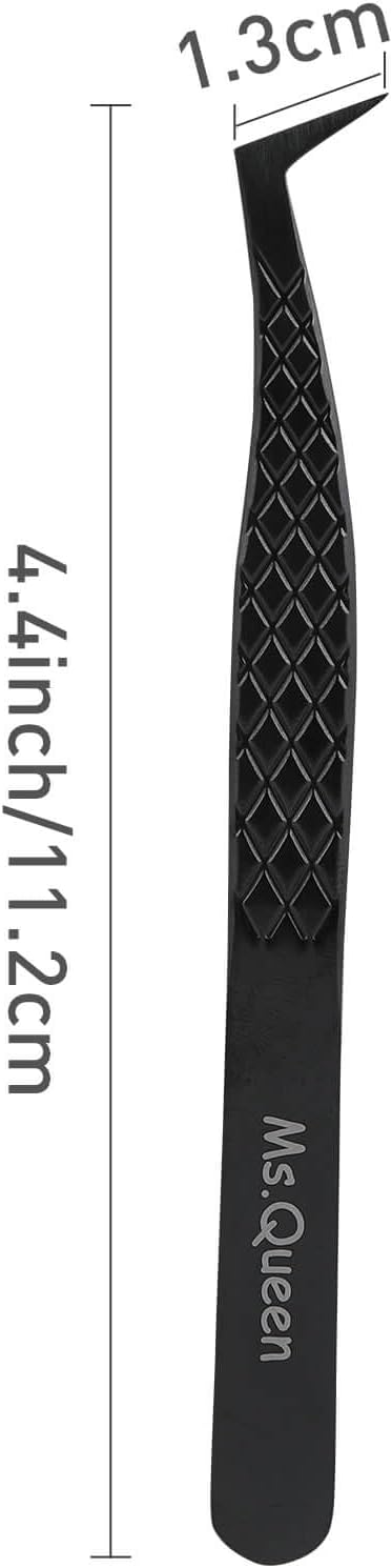 Ms.Queen Fiber Tip Lash Tweezers, Precise Diamond Grip L-Shape Boot Volume Eyelash Extension Tweezers,Black