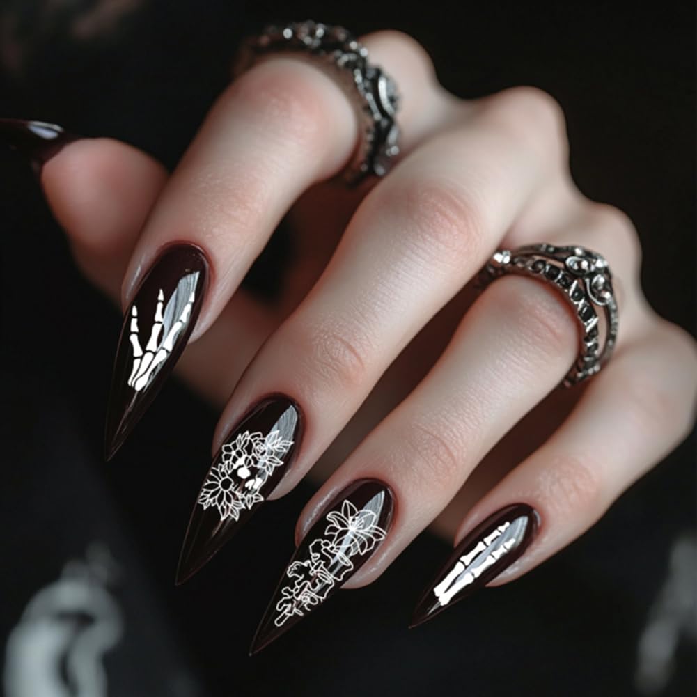 PH PandaHall 9pcs Gothic Skull Nail Stamping Plates Butterfly Nail Art Stencil Star Moon Leaf Manicure Art Templates Horror Skeleton Nails Stamper Plate for Women DIY Manicures Salon Printing Design
