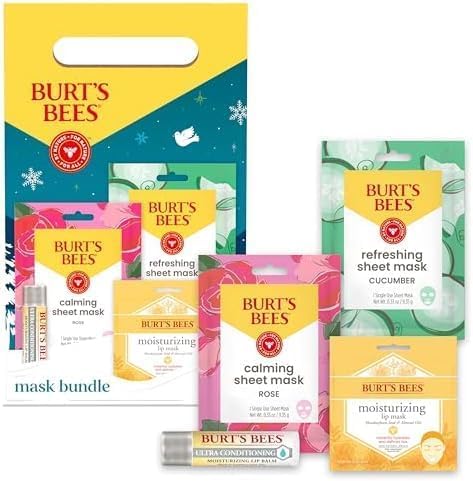 Burt’s Bees® Mask Bundle Gift Set; Moisturizing Lip Mask, Ultra Conditioning Lip Balm, Refreshing Sheet Mask, Calming Sheet Mask; Festive Packaging; 1 Gift Set (Pack of 6)