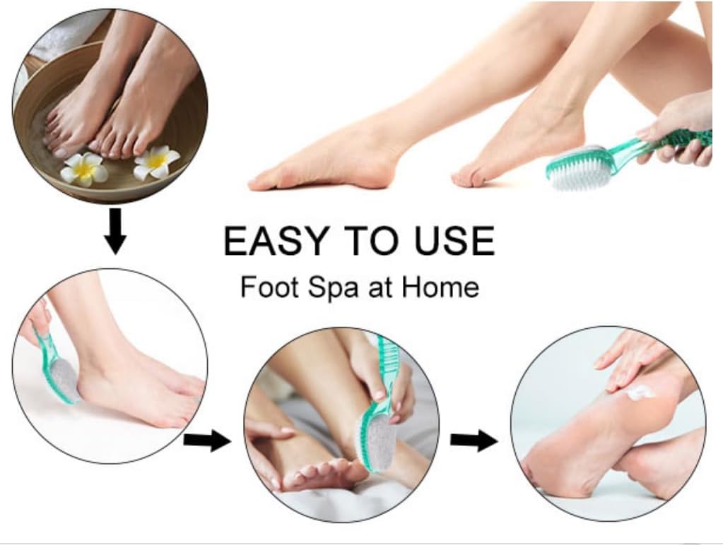 4 Pcs Foot Brush for Shower with Handle 2 in 1, Ooloveminso Large Foot Pumice Stone Brush Scrubber Foot File Calluses Remove Suitable for Horniness Foot Spa, Foot Care Smooth Skin (Green)