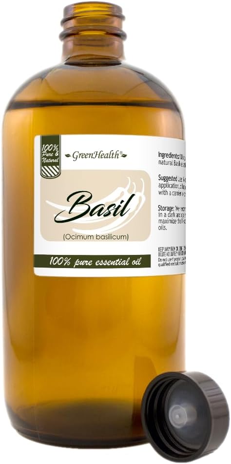 Basil Essential Oil – 16 fl oz (473 ml) Amber Glass Bottle – 100% Pure, Undiluted, Therapeutic Grade – Fresh, Herbaceous Aroma – GreenHealth