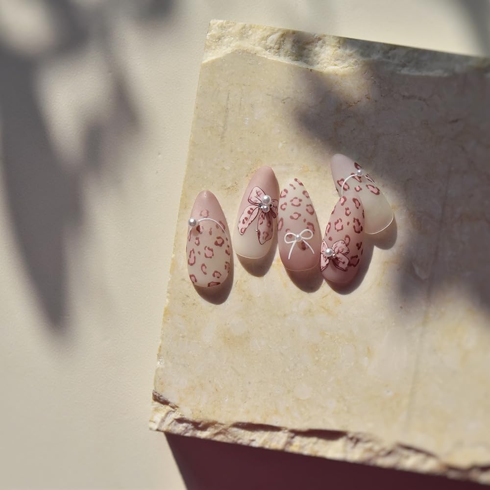 Pink Leopard Bow Nail Art Stickers 3D Embossed Fall Winter Nail Stickers, Self-Adhesive Durable Nail Art Decals for Women Girls, Nail Wraps Decoration Manicure for DIY Acrylic Nail Accessories