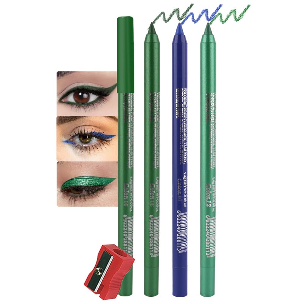 EVPCT 3Pc Shimmer Emerald Green & Shimmer Royal Blue & Green Gel Glitter Eyeliner Pencils Set - Waterproof, Smudge Proof Eye Liner Makeup - 06, 07, 12