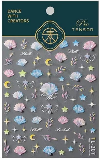 Sea Shells Nail Art Stickers Blue Pink Nail Decals Self Adhesive 5D Embossed Nail Sticker Pearl Design for Women Girls Supplies Summer Nails Decorations Accessories