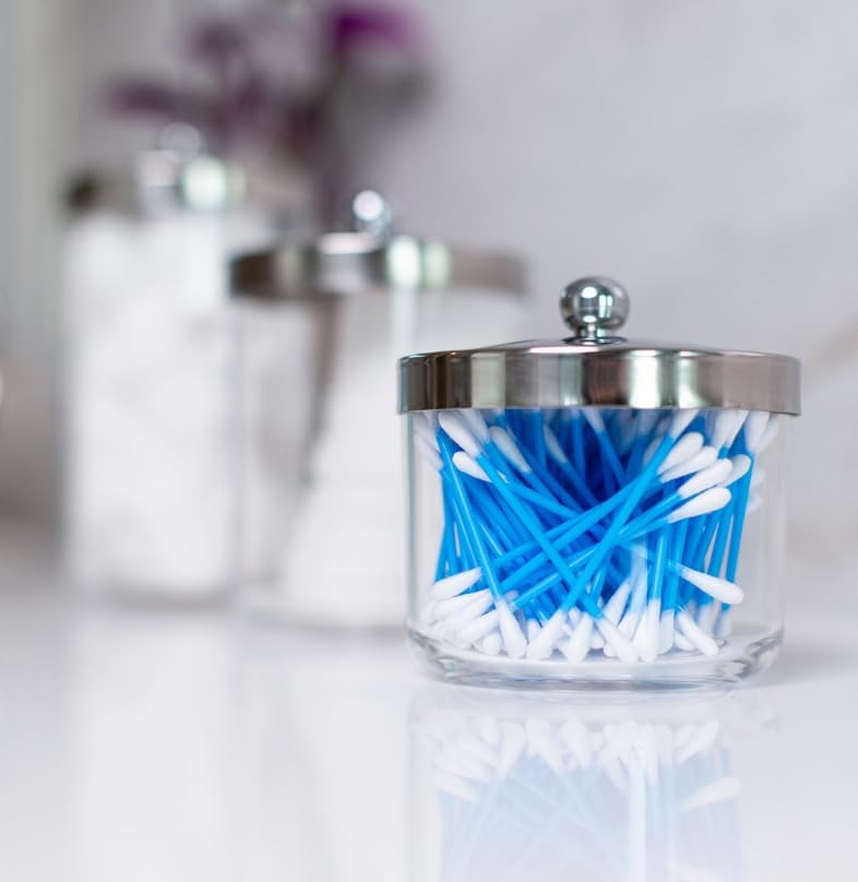 Huang Acrylic Chrome Lid Clear Cosmetic Container | Store Q-Tips, Cottonballs, Cotton Rounds | Perfect Counter Top or Shelf Storage | Small