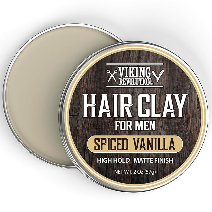 Viking Revolution Spiced Vanilla Hair Clay for Men - Matte Finish, Texturizing Clay Pomade for Men with Jojoba Oil and Vitamin E - Effortless Hair Styling Cream - Strong Hold, Natural Finish (2 oz)