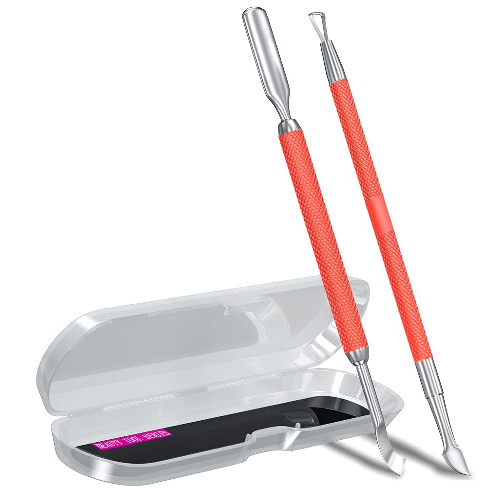 2PCS Metal Red Cuticle Pusher and Cutter Remover Salon Quality Stainless Steel Gel Nail Polish Peeler Scraper Durable Manicure and Pedicure Cleaner Tool For Fingernail and Toenail
