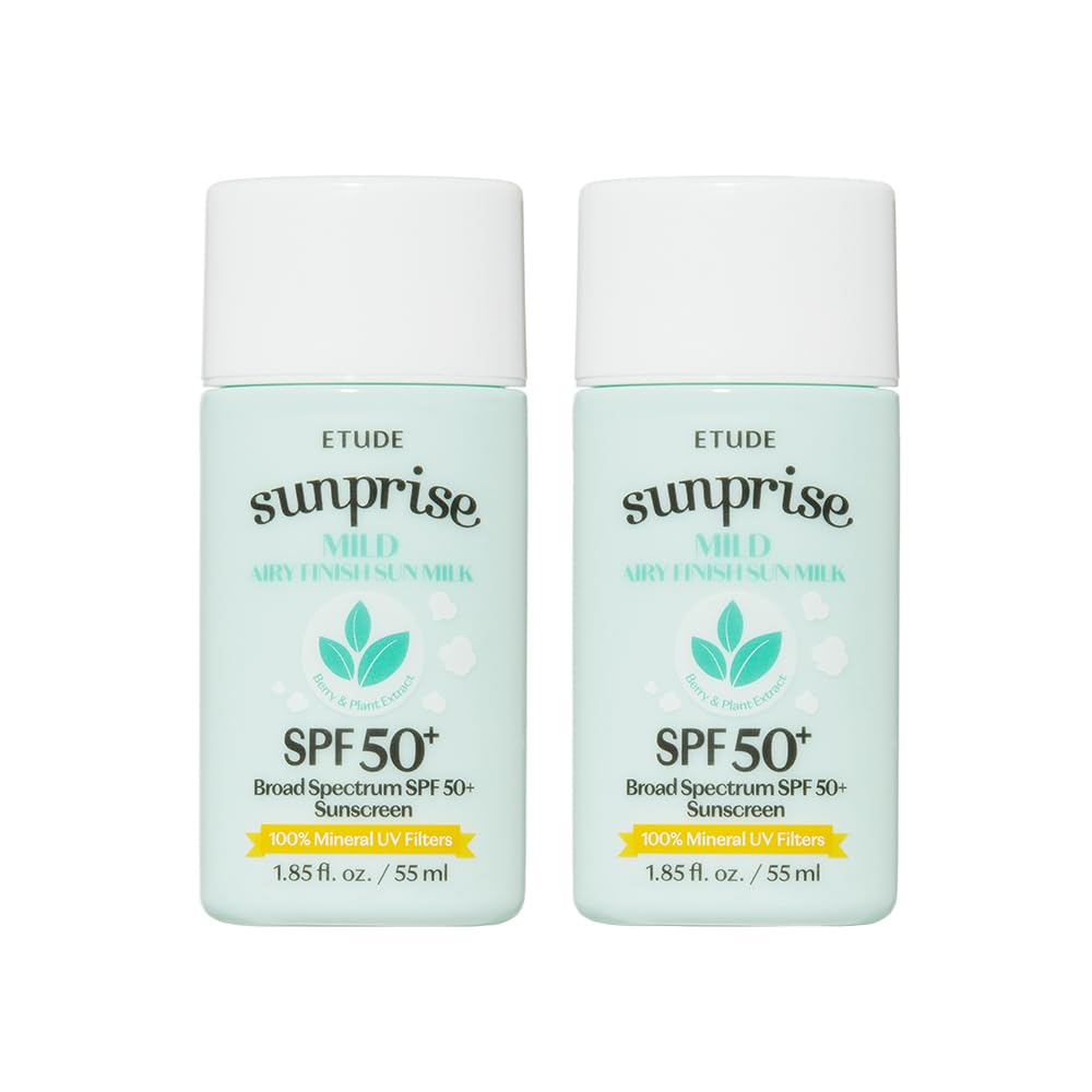 ETUDE Sunprise Mild Airy Finish Sun Milk Duo Set (55ml*2) SPF50+ / PA++++ | Sebum-free, Non-Sticky, Long Lasting Protection, 100% Mineral Based Korean Sunscreen, Korean Skin Care, Pefect for Gift