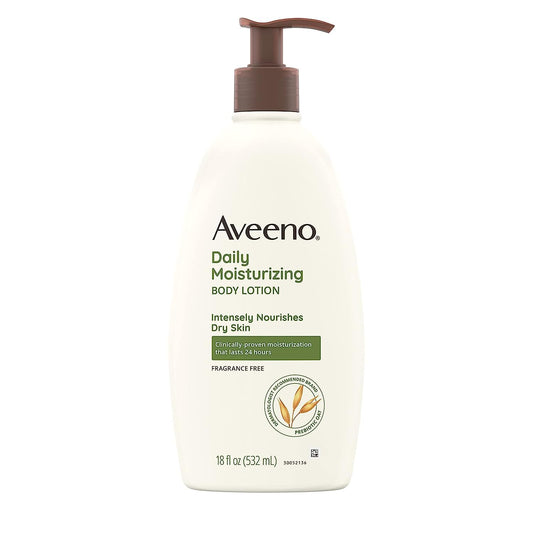 Aveeno Daily Moisturizing Body Lotion for Dry Skin with Prebiotic Oat, Fragrance & Paraben Free, Non-Greasy, Non-Comedogenic, for Sensitive Skin & 72-Hour Moisturizer 18 Fl Oz