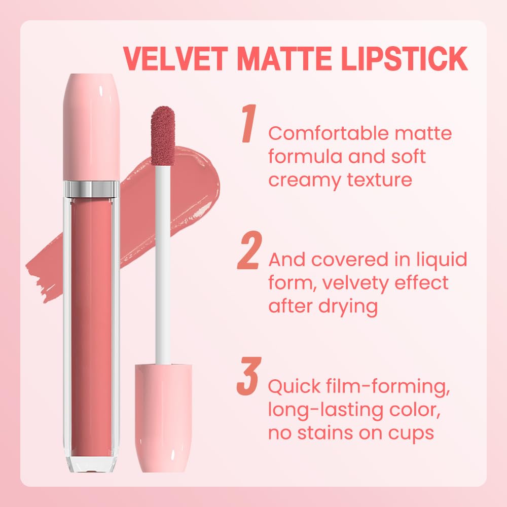BINGBRUSH Super Matte Longwear No-Budge Stay On Smudge Proof Liquid Lipstick Long Lasting Makeup for Women,Highly Pigmented Color and Instant Shine, Cheeky