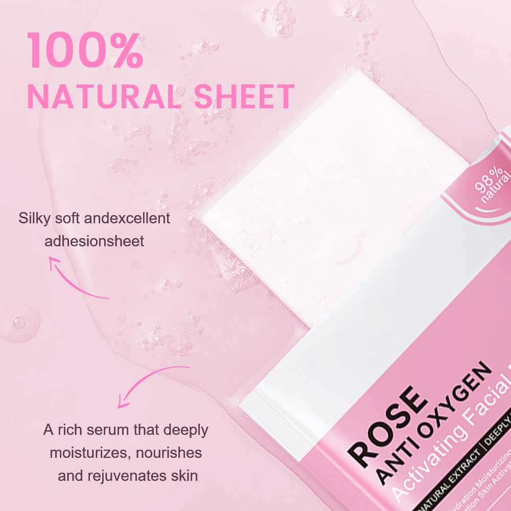 8 Pack Rose Kids Face Mask,Pink Face Masks Skincare Spa Day Kit Supplies,Spa Party Favors for Teens Girls Women,Sheet Facial Mask Skincare Gifts Set,Moisturize Soothe for All Skin Types