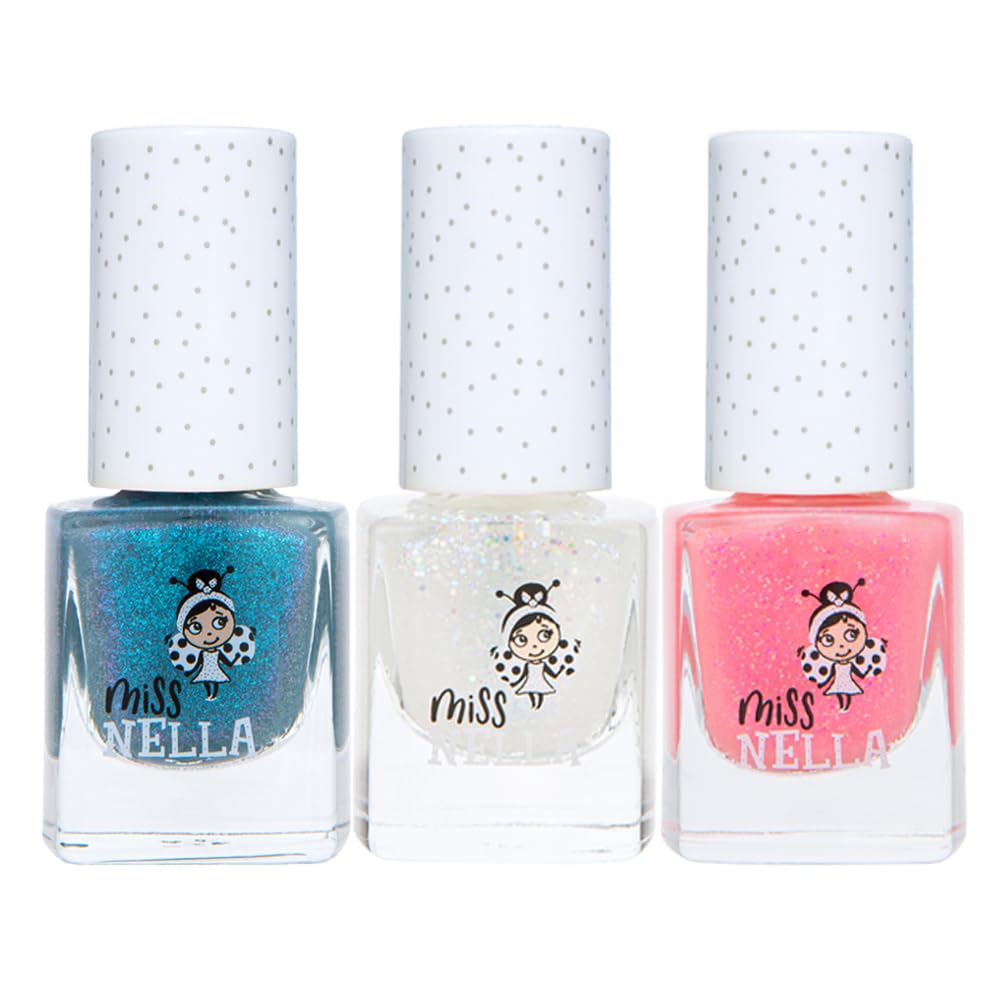 MISS NELLA PARTY COLLECTION 3-3 peel off, odour free, water base glitter nail polishes Pack- Blue The Candles (blue), Confetti Clouds (clear) & Marshmallow Overloud (coral)