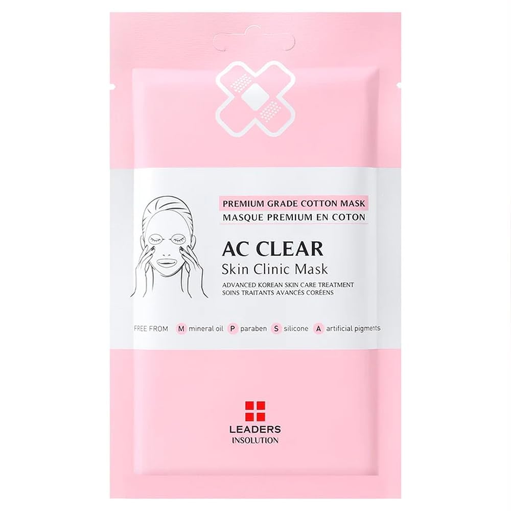 Leaders Insolution AC Clear Skin Clinic Mask | Snail Secretion & Tea Tree Oil for Acne, Redness, Oil Control | 100% Cotton Bemliese Sheet | Balances & Soothes Sensitive Skin (5 Sheets)
