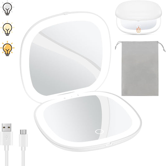 Benbilry 3.9" Rechargeable Compact Makeup Mirror with 3 Light Colors and Magnification 1X / 10X, Double Light Strip Dimmable Small LED Travel Mirror for Purse, White