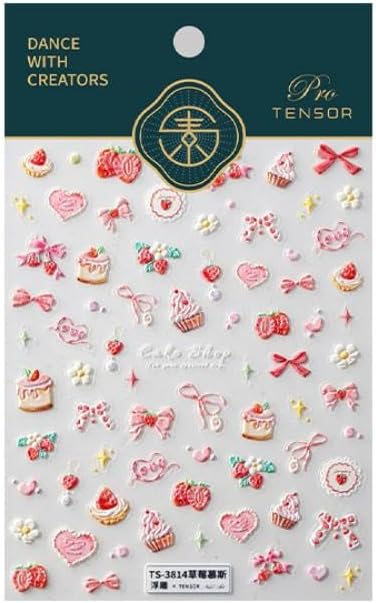 5D Embossed Pink Nail Stickers for Nail Art Cake Strawberry Bow Nail Art Stickers Nail Decals Self Adhesive Cute Nails Design Manicure Supplies Charm for Women Nails Decorations