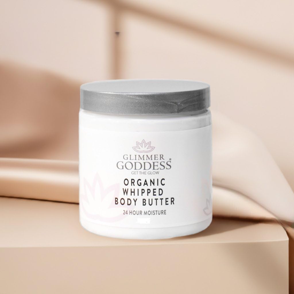 Glimmer Goddess Organic Whipped Body Butter for Women - Moisturizer Cream with Shea & Cocoa Butter, Almonds & Coconut Oil - Coconut Vanilla, 8oz