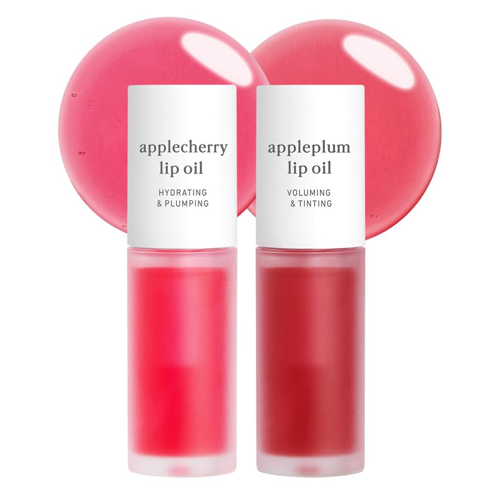 NOONI Vegan Appleseed Lip Oil Set - Applecherry & Appleplum | Long-Lasting, Moisturizing, Plumping, Revitalizing for Dry Lips, Waterproof, No Peel Off, Korean Tint, 0.12 FL Oz x 2ea