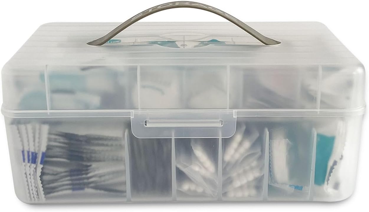 Large Bandage Organizer with Lid, Plastic 2 Tiers Container for Home Medicine Cabinet, Office, School Use, Bandaid Storage Holder for Fabric Adhesive Strip, Medical Elastic Wrap