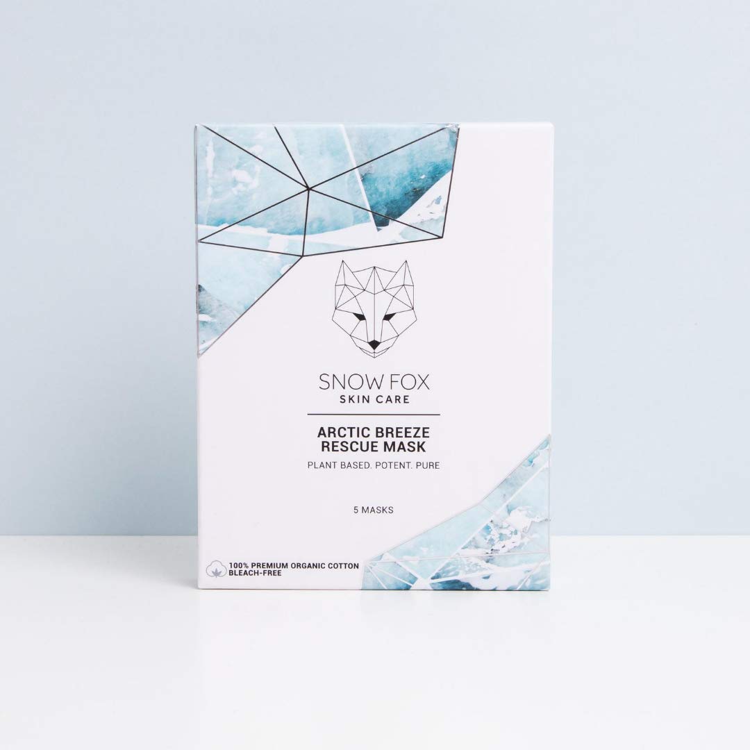 Snow Fox Skincare - Arctic Breeze Rescue Mask - Peppermint Oil, Aloe Vera, Seaweed Extract | Hydrating, Soothing Skin Redness & Irritation | Post-Sun Recovery | Premium Organic Cotton - 5 Pack