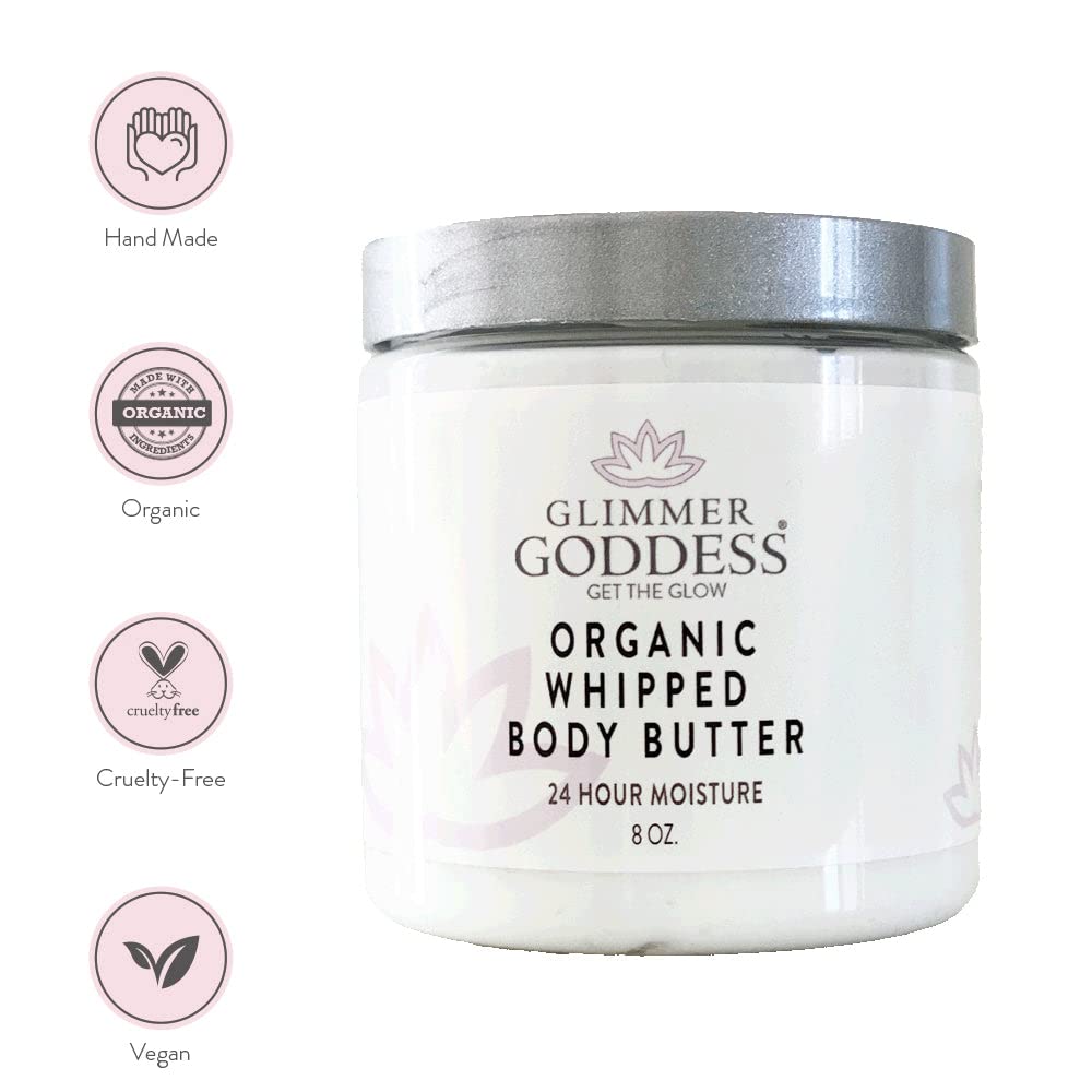 Glimmer Goddess Organic Whipped Body Butter for Women - Moisturizer Cream with Shea & Cocoa Butter, Almonds & Coconut Oil - Lemon Cream, 8oz