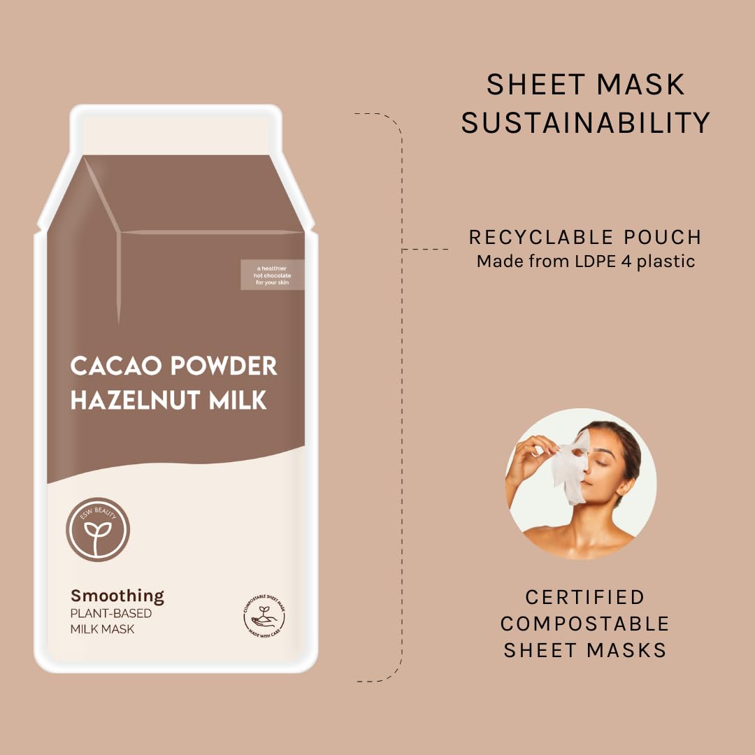 ESW Beauty Cacao Powder – Smoothing Plant-Based Milk Face Mask (6-Pack) – Cacao & Hazelnut for Aging & Sensitive Skin – Plumps, Softens & Promotes Youthful Complexion