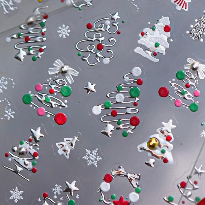 Christmas Nail Stickers Xmas Tree Nail Art Stickers Silver Nail Decals for Nails Art 5D Embossed Self Adhesive Snowflake Nails Art Decals for Women Girls Manicure DIY Decoration Charms Accessories