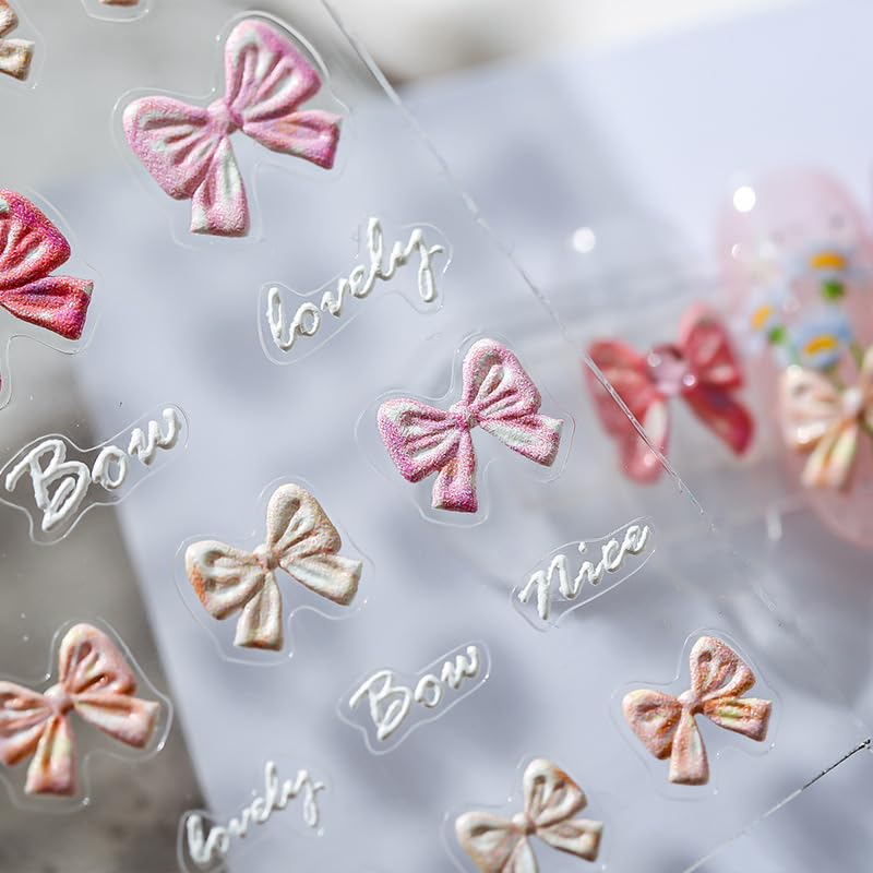 Bow Nail Stickers 5D Embossed Nail Art Decals Self-Adhesive Pink White Bows Nail Art Stickers for Women Girls Kids Nail Supplies Accessories