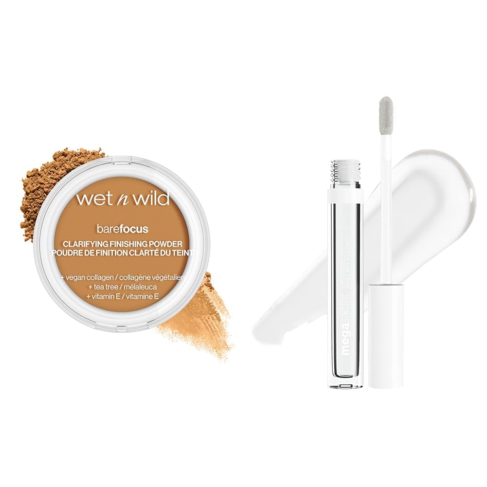 wet n wild Bare Focus Clarifying Finishing Powder Matte Pressed Setting Powder Medium-Tan and Mega Slicks Lip Gloss Long Lasting Hyaluronic Acid High Shine Crystal Clear