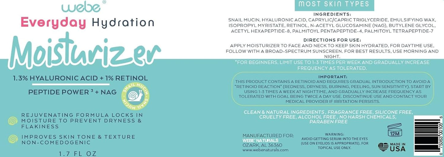 WEBE Hydration Snail Mucin Moisturizer – Hydrating Face Cream with Hyaluronic Acid, Retinol & Peptides for Smoother, Youthful-Looking Skin