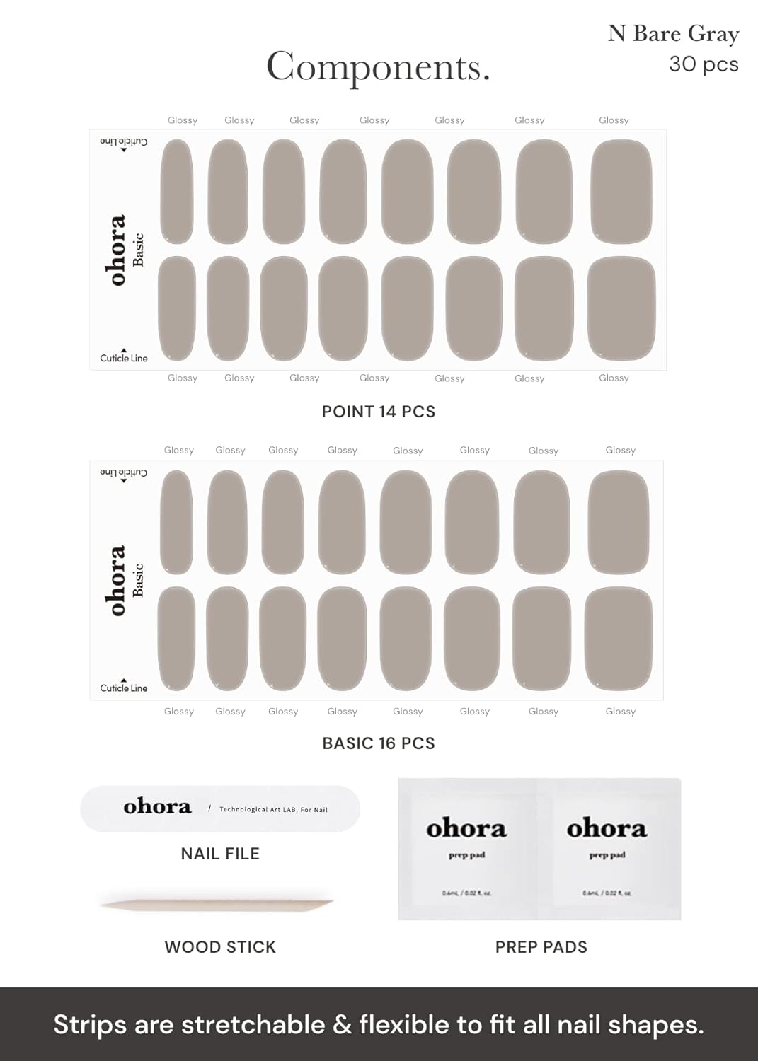 ohora Semi Cured Gel Nail Strips (N Bare Gray) - Works with Any UV/LED Lamps, Salon-Quality, Long Lasting, Easy to Apply & Remove - Includes 2 Prep Pads, Nail File & Wooden Stick