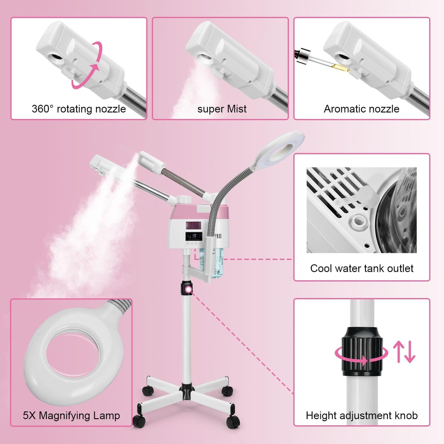 Professional Facial Steamer, 3 in 1 Facial Steamer with 5X Magnifying Lamp Hot&Cool Mist, Esthetician Steamer on Wheels, Stand Face Steamer with Time Setting for Home Salon Spa