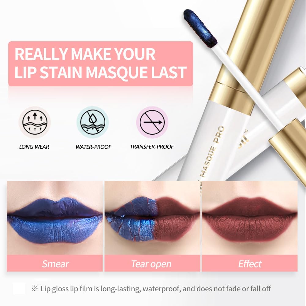 Lip Stain Peel Off Set–Long Lasting Waterproof Lip Tint, Smudge Proof Transfer Resistant Lip Stains Tattoo,High Pigment Matte Lip Color, Kiss Proof Peel Off Lip Stain Masque, Stay Lip Makeup 03+08