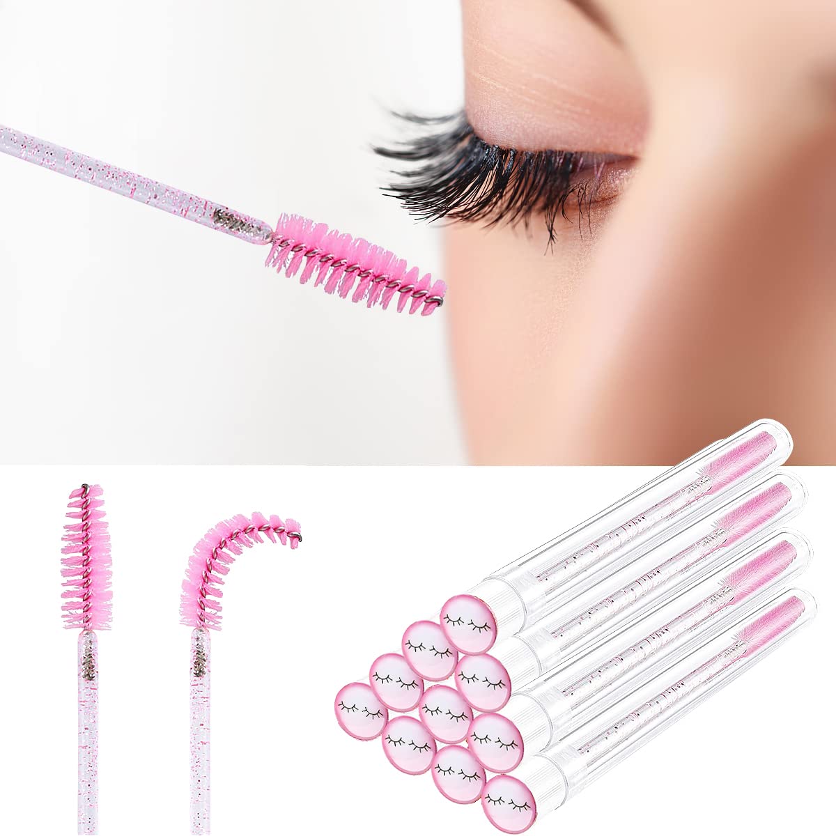 Mascara Wand Brushes Tubes Set-70 Pieces Disposable Eyelash Brushes Replacement with 20 Pieces Empty Container Tubes for Eyelash Extension Lash (Pink Eyelash)