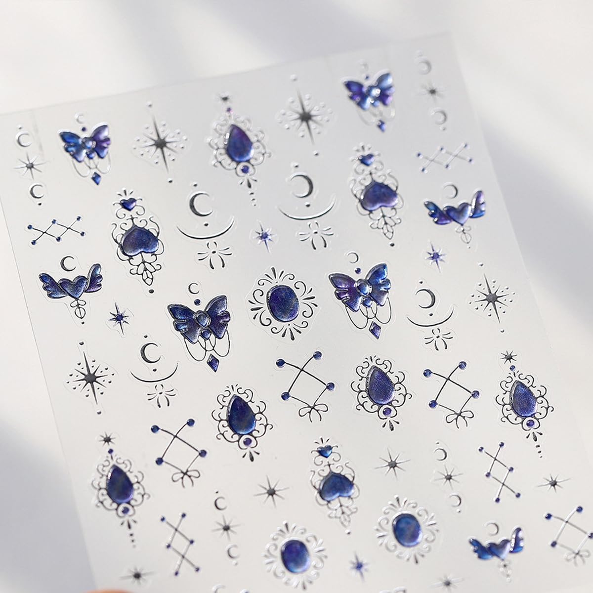 Blue Nail Art Sticker Decals Jelly Nail Stickers 5D Embossed Self Adhesive with Line Design Star Moon Nails Decals Nails Charms for Women Girls Kid Manicure Supply DIY Decoration Accessories
