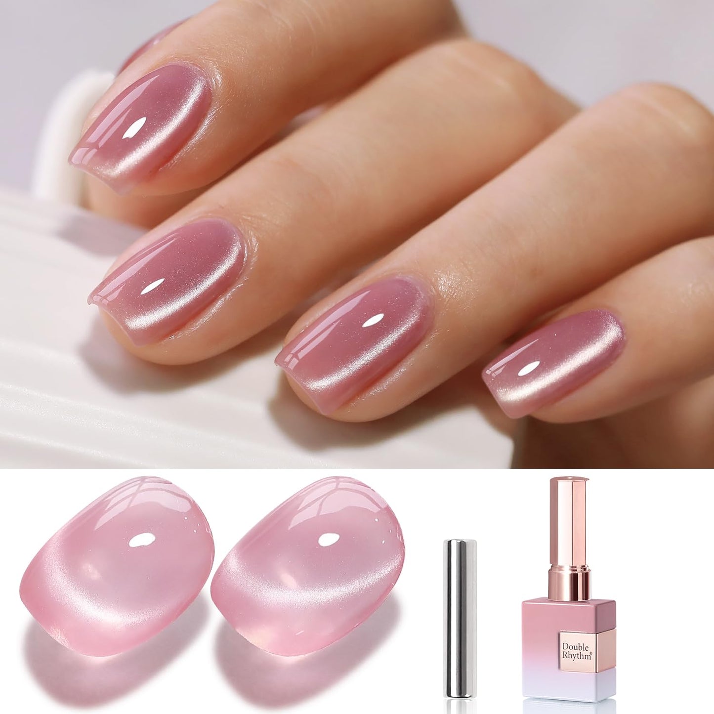 Double Rhythm 0.5 Oz Cat Eye Gel Polish with Magnet Same Color Same Bottle Holographic Glitter Shimmer Translucent Color Salon 15 ML Magnetic Nail Art (Rose Pink-MC1150)