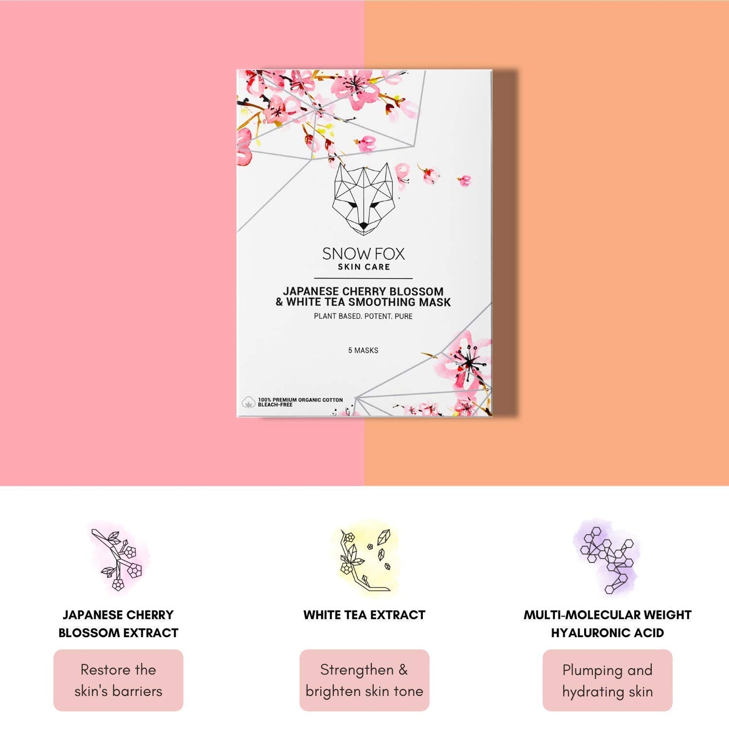 Snow Fox Japanese Cherry Blossom & White Tea Smoothing Mask – 1 Pack for Smooth, Bright, Glossy Skin 'Glass Skin' Effect