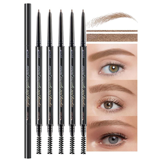 5 Pcs Waterproof Dual-Sided Fine Tip Eye Brow Precise Pencils Pack,Ultra-Fine Mechanical Sticks,Draws Tiny Brow Hairs, Defines, Fills, Shapes,Contours,Combs,1mm Pen Point(Pack of 5)-Light Brown