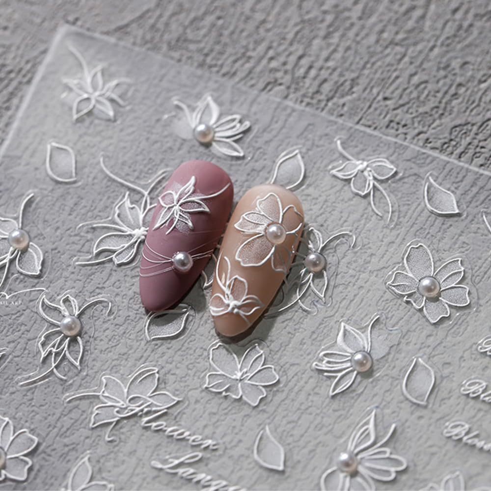 Flower Nail Art Stickers Sparkly White Floral Nail Stickers 5D Embossed Light Style Nail Decals Accessories Pearl Adhesive Slider Nail Art Supplies for Women DIY Decorations
