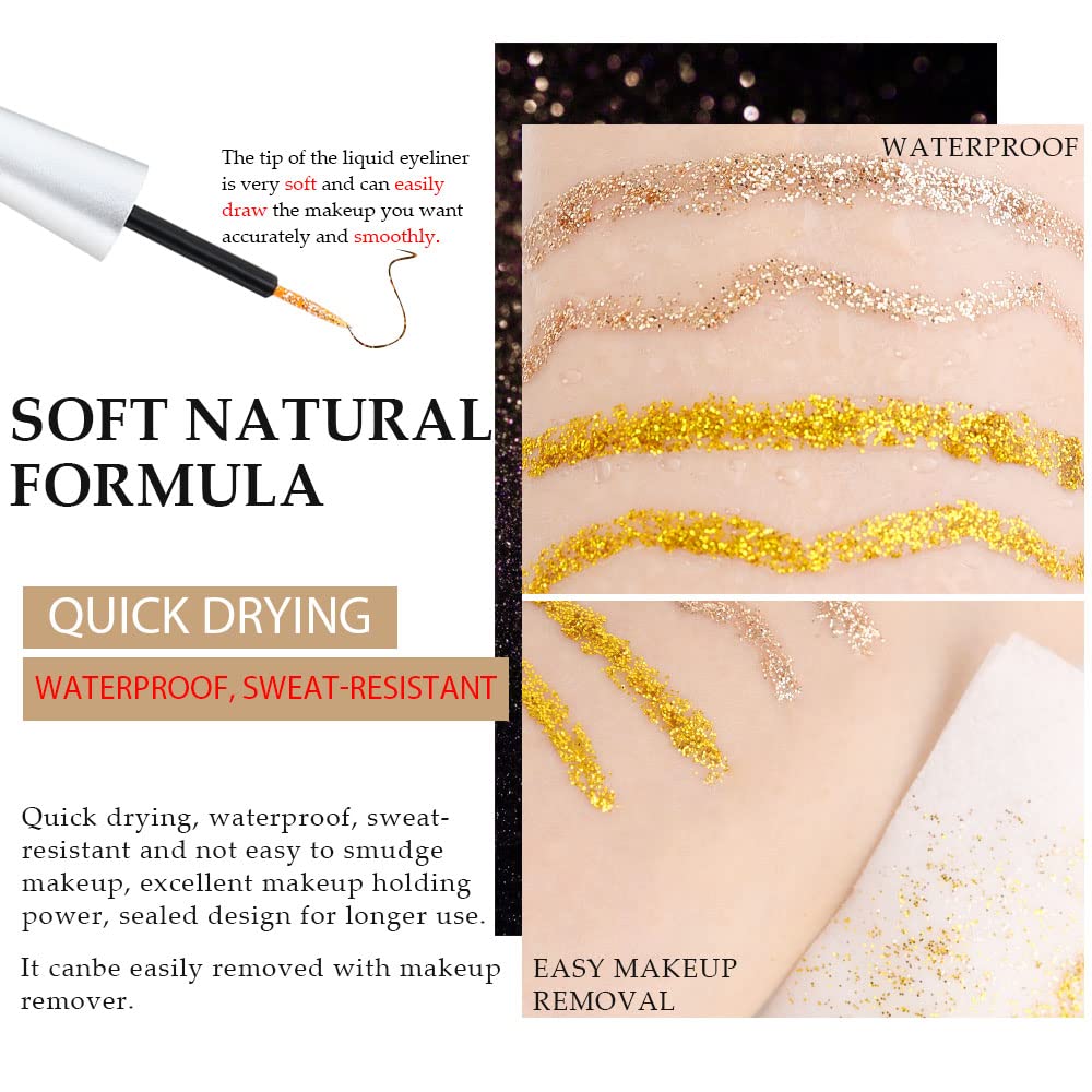 evpct 2Pcs Gold Champagne Gold Color Liquid Glitter Eyeliner Sets Eyeliner Glitter Liquid Liners for Women Liquid Sparkly Glitter Eyeliner delineador con glitter de colores para ojos colores 01+14