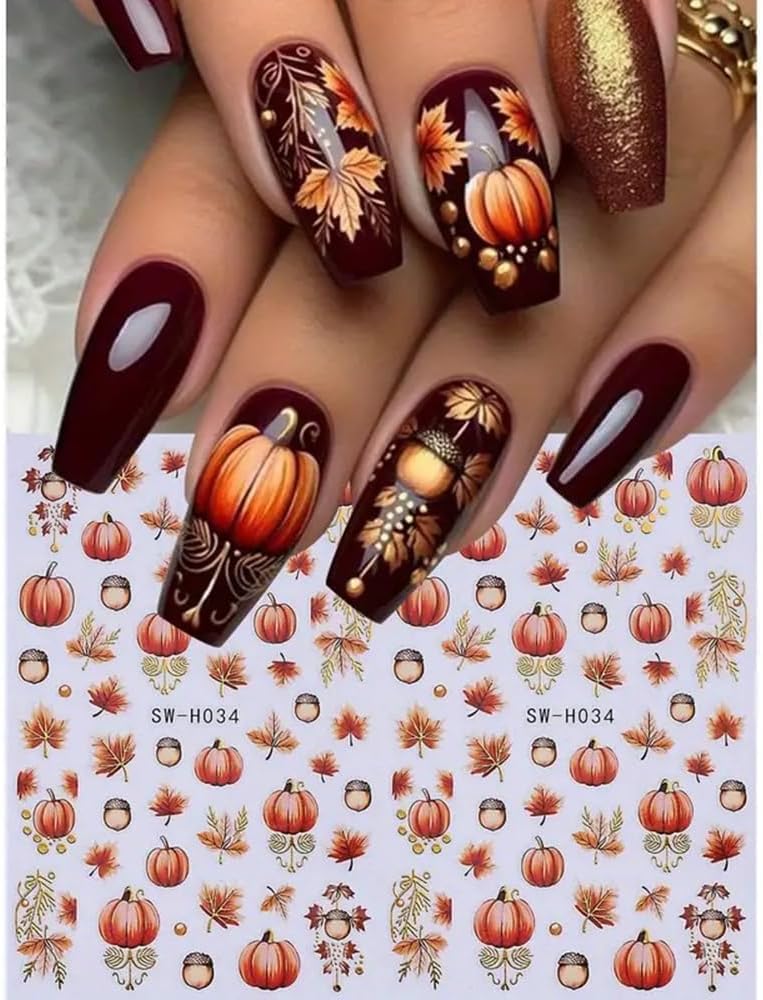 2 Sheets Fall Nail Stickers Autumn Maple Leaf Nail Art Stickers 3D Self Adhesive Maple Leaves Nails Decals for Nails Art Thanksgiving Day Nail Decoration Pumpkin Cute Manicure Supplies for Women