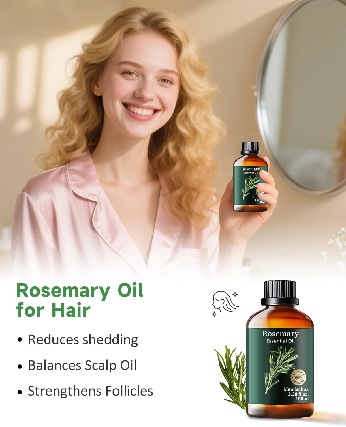 Rosemary Essential Oil Pure Mumianhua Natural Rosemary Oil for Diffuser, Aromatherapy, Cleansing, Scalp,Hair, Skin, Soap Making 3.38 Fl Oz