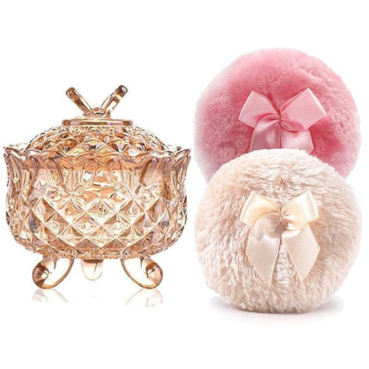 Luxury 4 Inch Glass Powder Container with 2 Soft 3.5" Puffs｜Non-Sealed Refillable puff Jar｜ Loose Powder Storage(Butterfly-Amberl)
