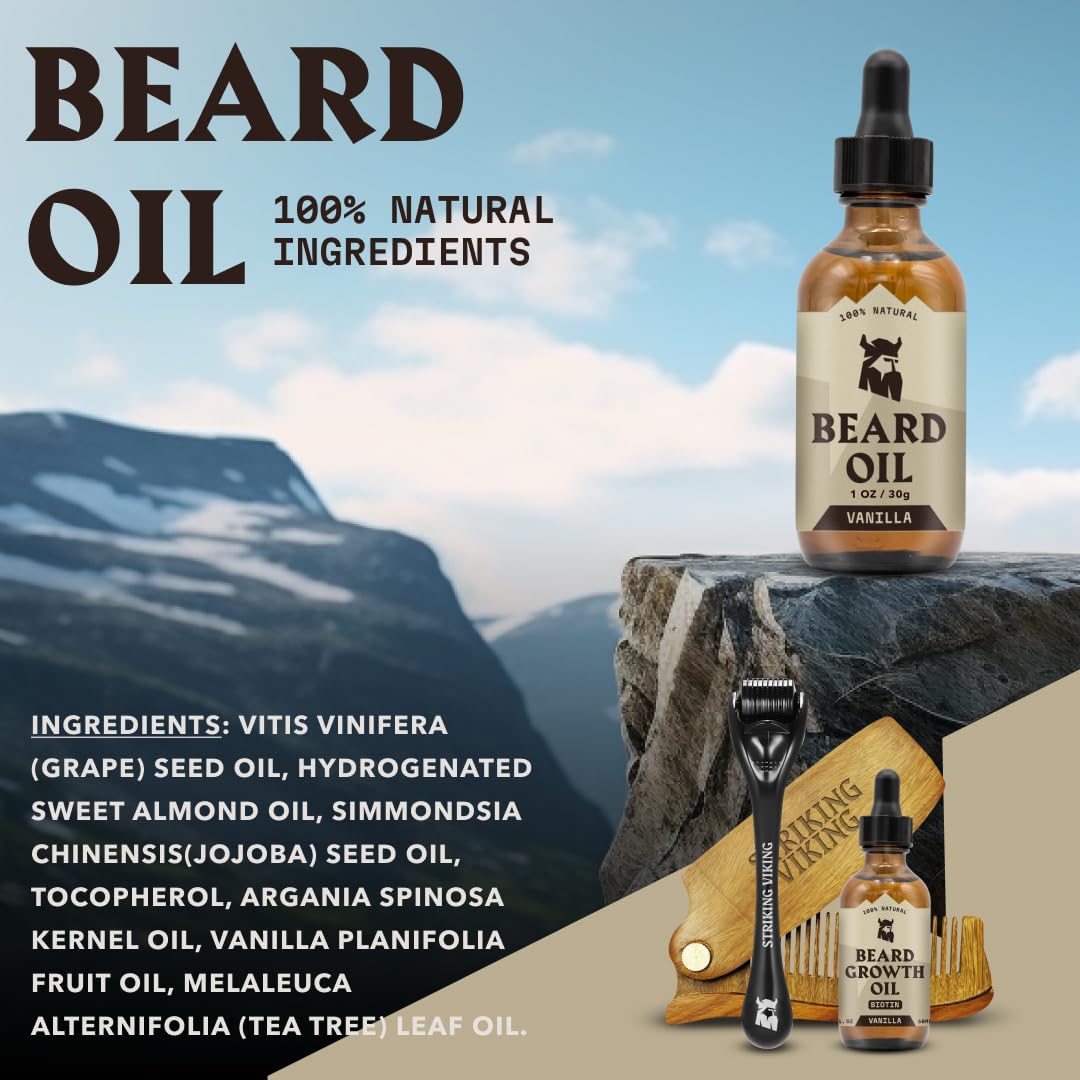 Striking Viking Beard Oil and Balm - Leave in Beard Conditioner - Tames, Styles, Softens, and Moisturizes Beards and Mustache - Made with All Natural and Organic Argan and Jojobo Oils, Vanilla