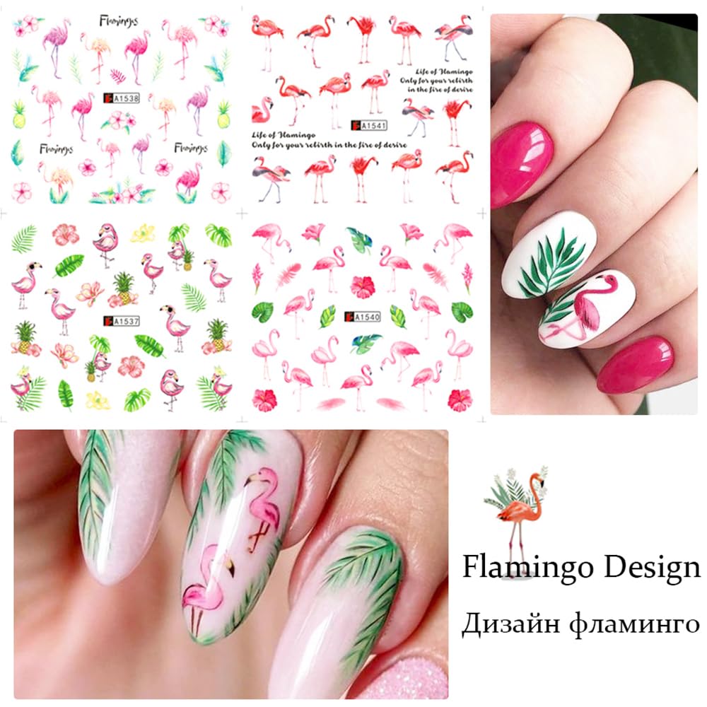 12 Sheet Flamingo Nail Art Stickers Cute Flamingo Green Leaf Design Water Transfer Nail Decals Summer Nail Art Decorations Waterproof Acrylic Nail Stickers for Women DIY Manicure Tips
