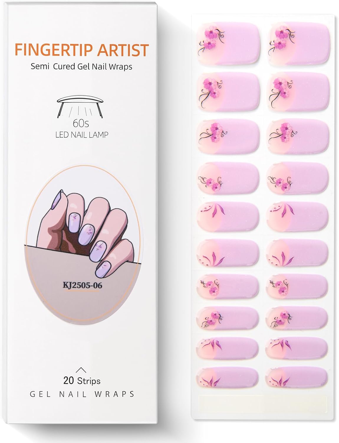 Semi Cured Gel Nail Strips French Tip Gel Nail Strips with Flower Designs Glossy Pink Stickers Wraps Need UV/LED Light Salon Quality & Easy to Use for Women 20 Pcs