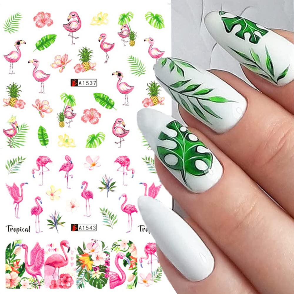 12 Sheet Flamingo Nail Art Stickers Cute Flamingo Green Leaf Design Water Transfer Nail Decals Summer Nail Art Decorations Waterproof Acrylic Nail Stickers for Women DIY Manicure Tips