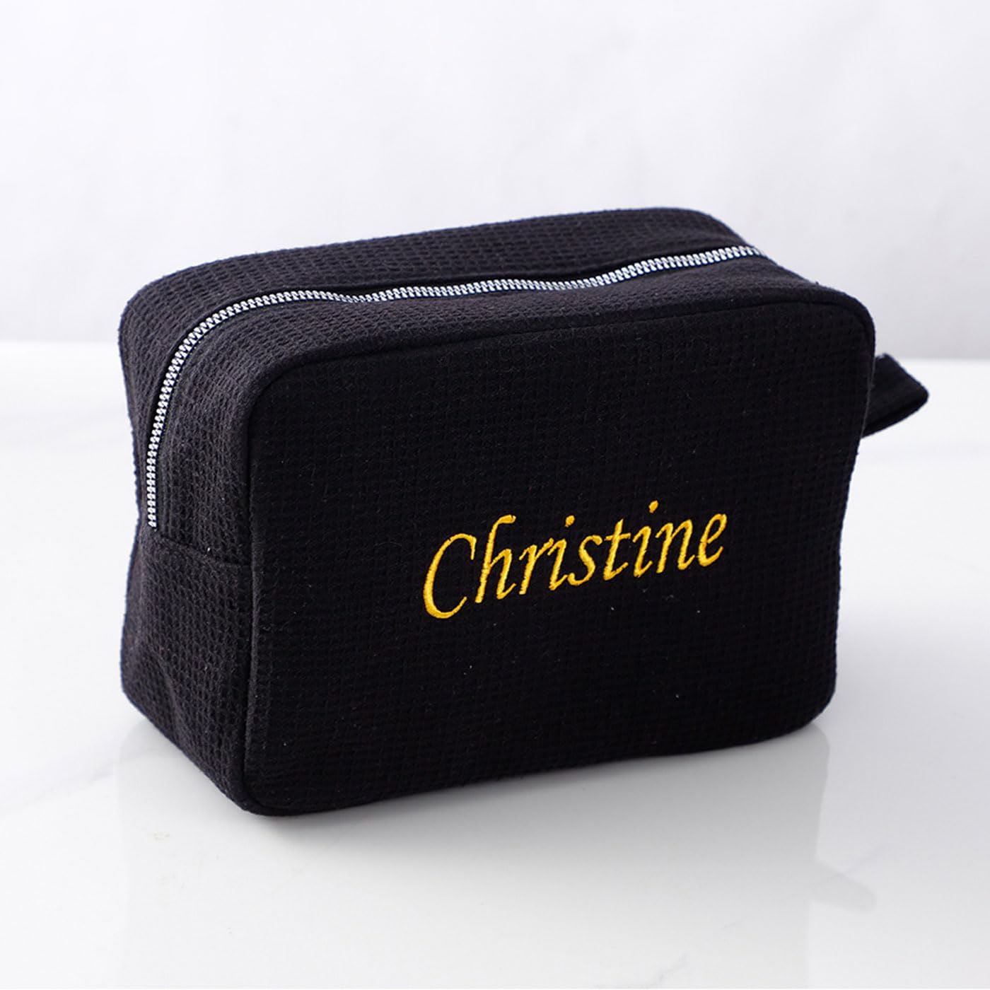 GOPHIE Personalized Embroidered Makeup Bag,Custom Waffle Fabric Cosmetic Pouch for Women, Travel Makeup Pouch (3, Black)